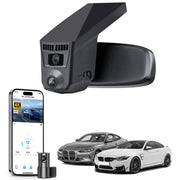 Mangoal 2 channel dash cam with STARVIS sensor, features smartphone app control, front 4K UHD and rear Full HD recording, GPS tracking, and BMW 4 Series Gen1 models in the background.