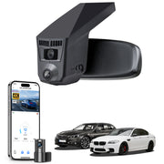 Mangoal 2 channel dash cam with STARVIS sensor, features smartphone app control, front 4K UHD and rear Full HD recording, GPS tracking, and BMW 5 Series Gen6 models in the background.