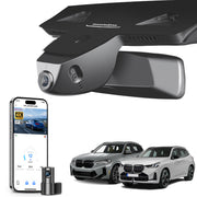 Mangoal 2 channel dash cam with STARVIS sensor, features smartphone app control, front 4K UHD and rear Full HD recording, GPS tracking, and BMW X3 Gen3 models in the background.