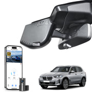 Mangoal 2 channel dash cam with STARVIS sensor, features smartphone app control, front 4K UHD and rear Full HD recording, GPS tracking, and BMW X5 Gen4 models in the background.