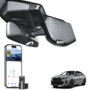 Mangoal 2 channel dash cam with STARVIS sensor, features smartphone app control, front 4K UHD and rear Full HD recording, GPS tracking, and BMW X6 Gen3 models in the background.