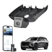 Mangoal 2 channel dash cam with STARVIS sensor, features smartphone app control, front 4K UHD and rear Full HD recording, GPS tracking, and Buick Enclave models in the background.
