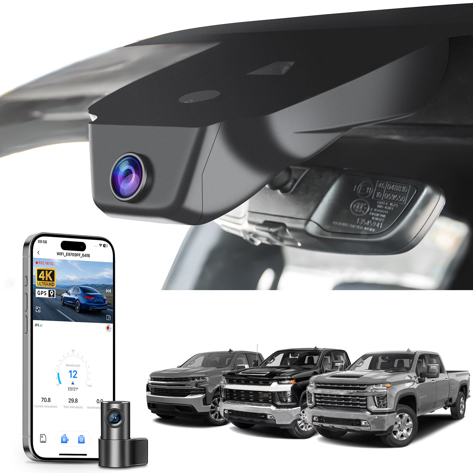 Mangoal 2 channel dash cam with STARVIS sensor, features smartphone app control, front 4K UHD and rear Full HD recording, GPS tracking, and Chevy Silverado models in the background.