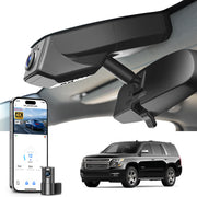 Mangoal 2 channel dash cam with STARVIS sensor, features smartphone app control, front 4K UHD and rear Full HD recording, GPS tracking, and Chevy Suburban Tahoe models in the background.