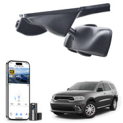 Mangoal 2 channel dash cam with STARVIS sensor, features smartphone app control, front 4K UHD and rear Full HD recording, GPS tracking, and Dodge Durango models in the background.