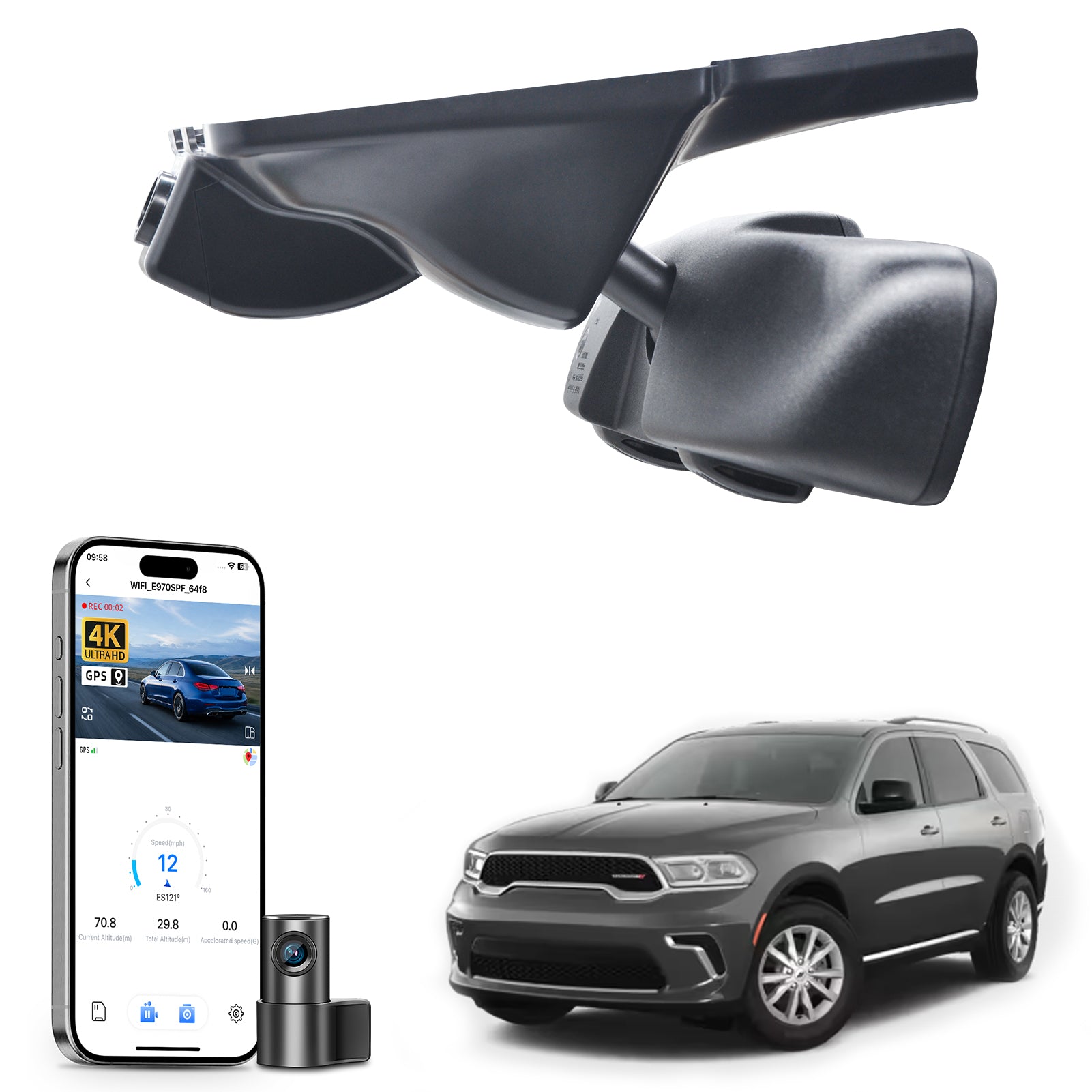 Mangoal 2 channel dash cam with STARVIS sensor, features smartphone app control, front 4K UHD and rear Full HD recording, GPS tracking, and Dodge Durango models in the background.