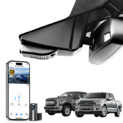Mangoal 2 channel dash cam with STARVIS sensor, features smartphone app control, front 4K UHD and rear Full HD recording, GPS tracking, and Ford F Series models in the background.