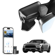 Mangoal 2 channel dash cam with STARVIS sensor, features smartphone app control, front 4K UHD and rear Full HD recording, GPS tracking, and Ford Mustang models in the background.