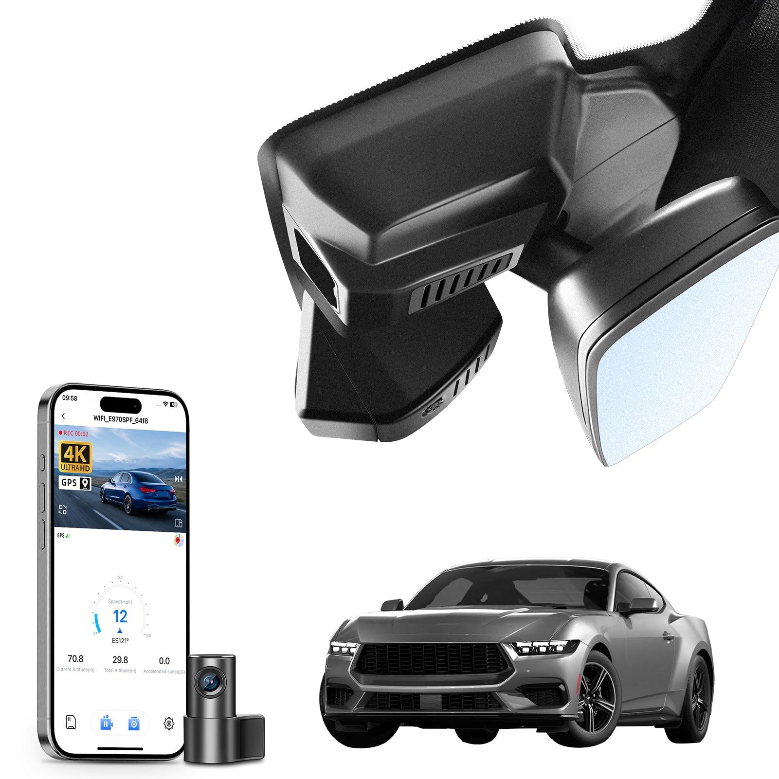 Mangoal 2 channel dash cam with STARVIS sensor, features smartphone app control, front 4K UHD and rear Full HD recording, GPS tracking, and Ford Mustang models in the background.