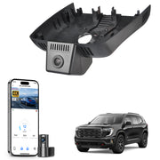 Mangoal 2 channel dash cam with STARVIS sensor, features smartphone app control, front 4K UHD and rear Full HD recording, GPS tracking, and GMC Acadia models in the background.