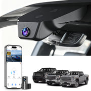 Mangoal 2 channel dash cam with STARVIS sensor, features smartphone app control, front 4K UHD and rear Full HD recording, GPS tracking, and GMC Sierra models in the background.