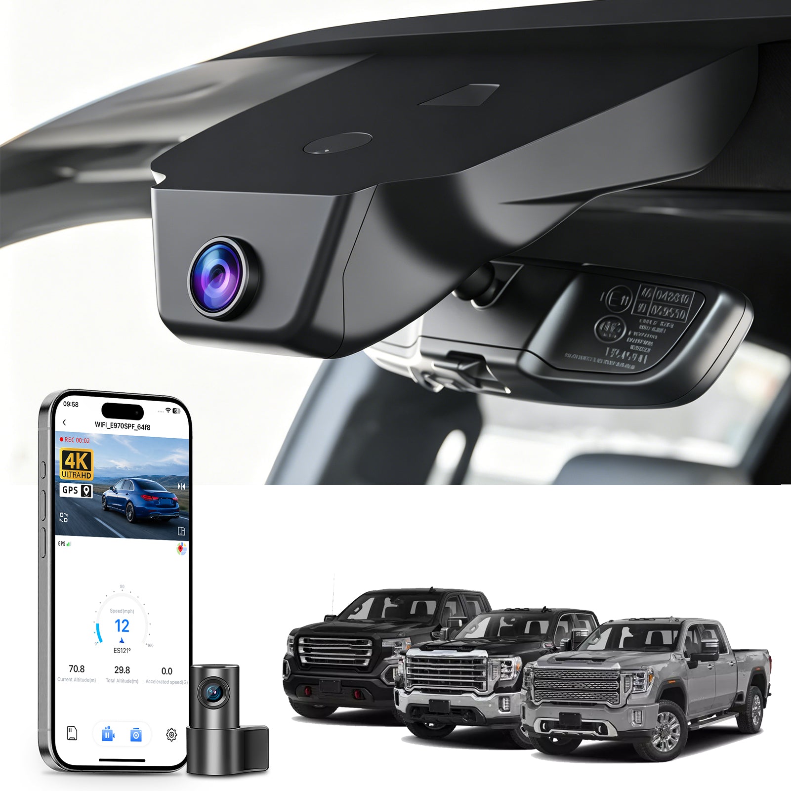 Mangoal 2 channel dash cam with STARVIS sensor, features smartphone app control, front 4K UHD and rear Full HD recording, GPS tracking, and GMC Sierra models in the background.