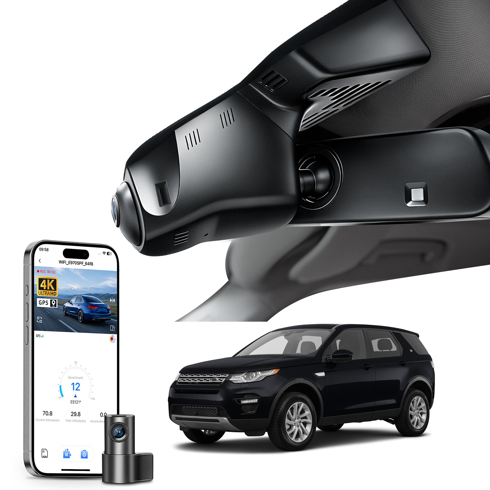 Mangoal 2 channel dash cam with STARVIS sensor, features smartphone app control, front 4K UHD and rear Full HD recording, GPS tracking, and Land Rover Discovery Sport models in the background. 