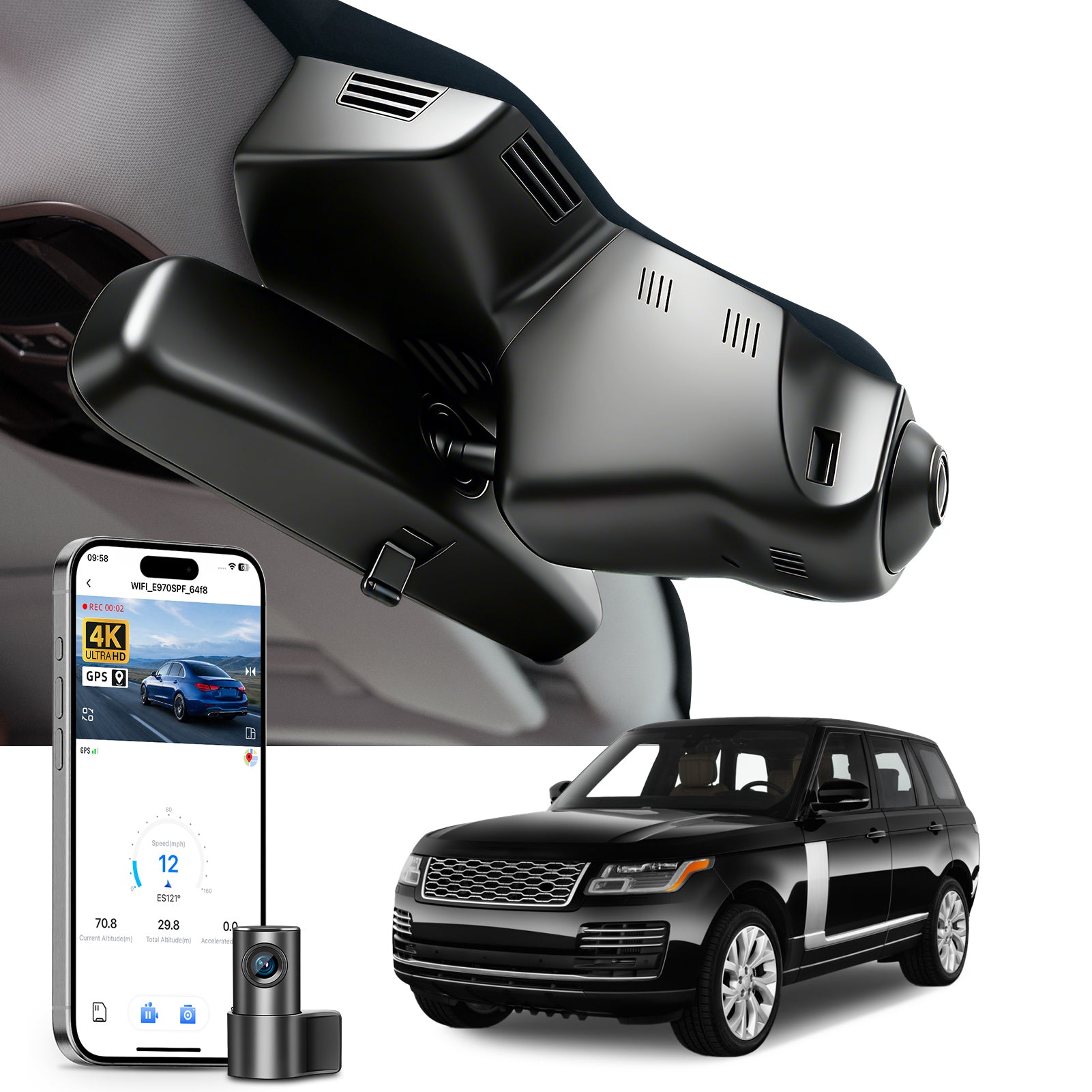 Mangoal 2 channel dash cam with STARVIS sensor, features smartphone app control, front 4K UHD and rear Full HD recording, GPS tracking and Land Rover Range Rover & Range Rover Sport models in the background. 