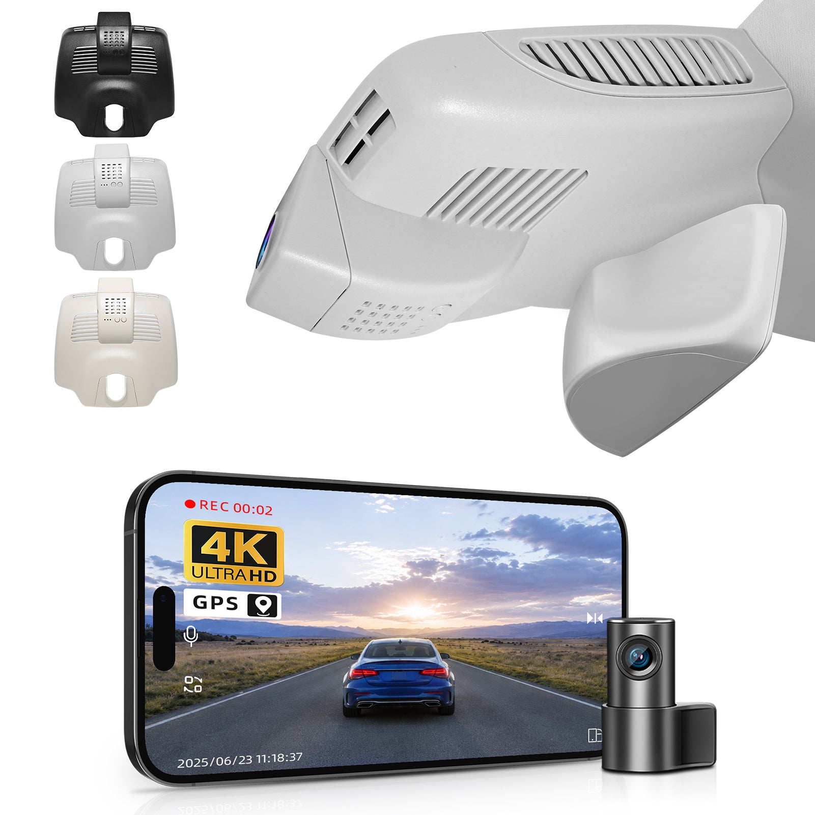 
Mangoal 2 channel dash cam with STARVIS sensor, features smartphone app control, front 4K UHD and rear Full HD recording, GPS tracking, and Mercedes-Benz C-Class in the background.