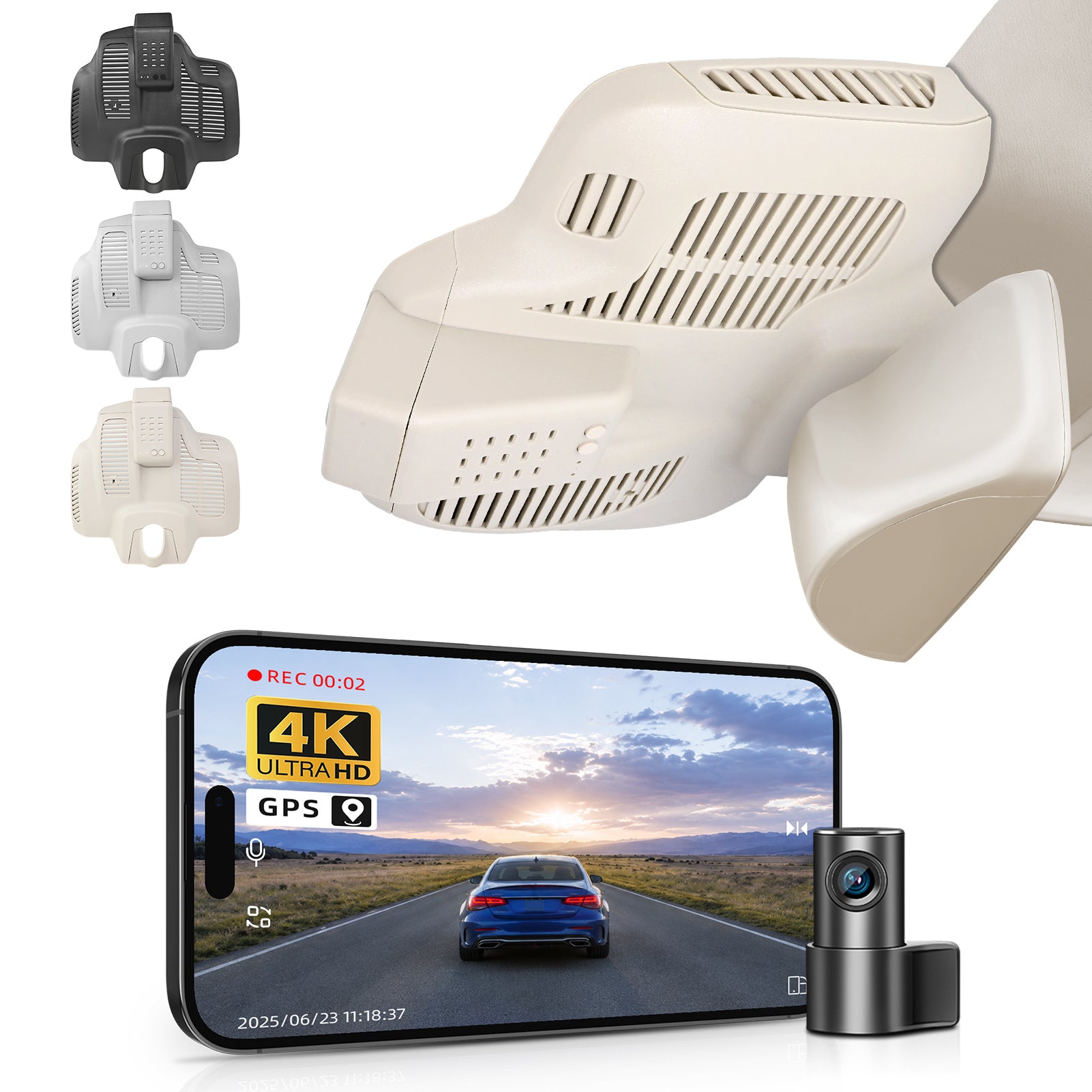 Mangoal 2 channel dash cam with STARVIS sensor, features smartphone app control, front 4K UHD and rear Full HD recording, GPS tracking, and Mercedes-Benz E-Class in the background.