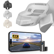 Mangoal 2 channel dash cam with STARVIS sensor, features smartphone app control, front 4K UHD and rear Full HD recording, GPS tracking, and Mercedes-Benz E-Class in the background.