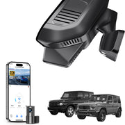 Mangoal 2 channel dash cam with STARVIS sensor, features smartphone app control, front 4K UHD and rear Full HD recording, GPS tracking, and Mercedes-Benz G-Class in the background.