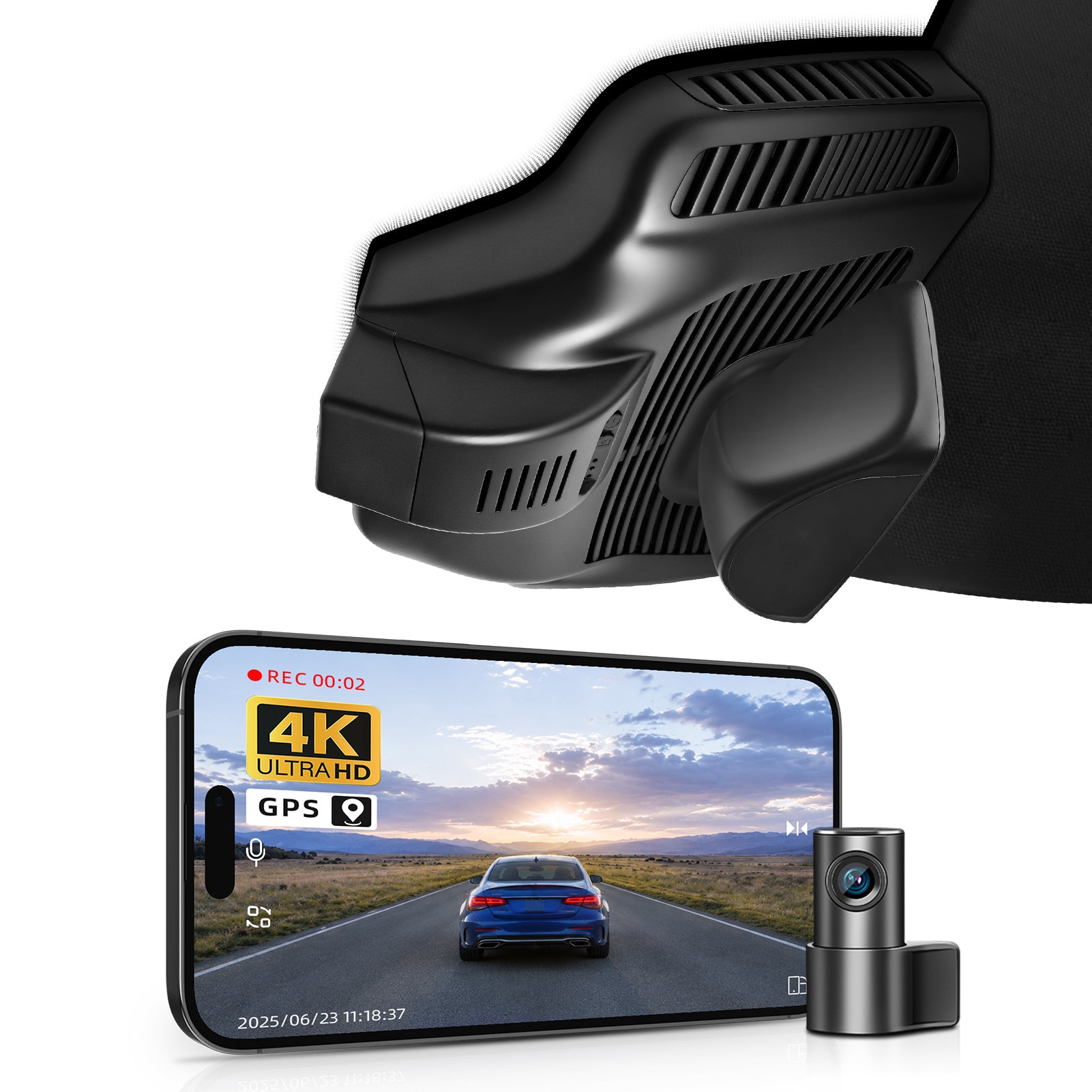 Mangoal 2 channel dash cam with STARVIS sensor, features smartphone app control, front 4K UHD and rear Full HD recording, GPS tracking, and Mercedes-Benz GLB in the background.