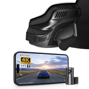 Mangoal 2 channel dash cam with STARVIS sensor, features smartphone app control, front 4K UHD and rear Full HD recording, GPS tracking, and Mercedes-Benz GLB in the background.