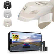 Mangoal 2 channel dash cam with STARVIS sensor, features smartphone app control, front 4K UHD and rear Full HD recording, GPS tracking, and Mercedes-Benz GLC Gen1 in the background.