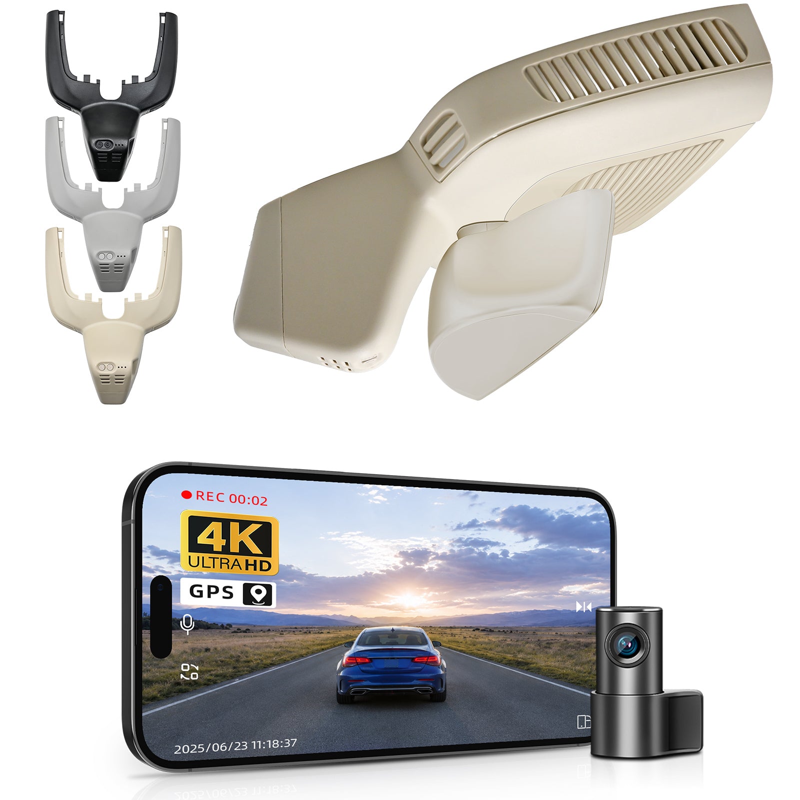Mangoal 2 channel dash cam with STARVIS sensor, features smartphone app control, front 4K UHD and rear Full HD recording, GPS tracking, and Mercedes-Benz GLE in the background.
