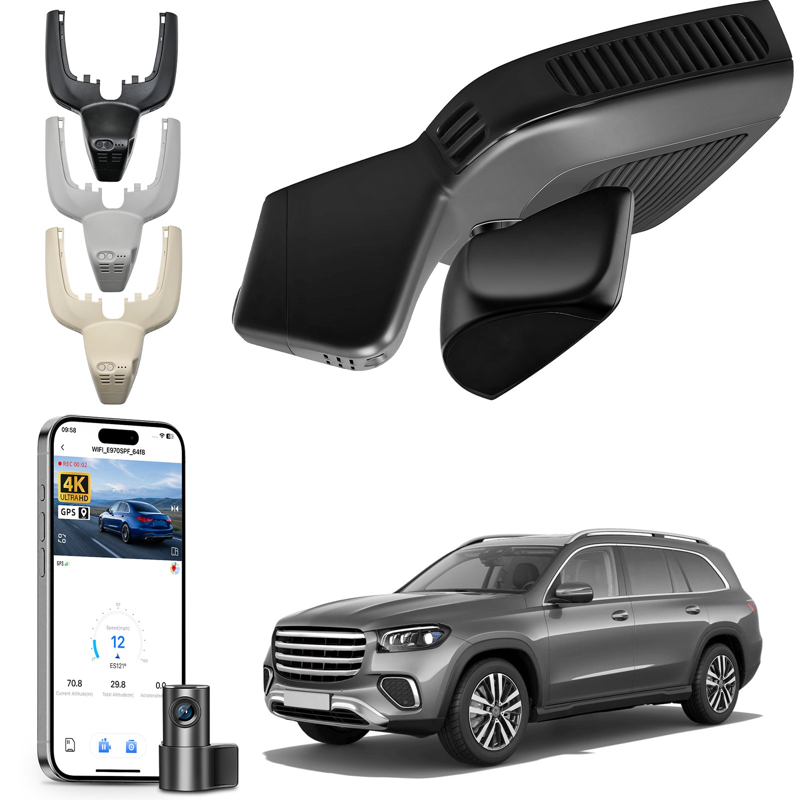 Mangoal 2 channel dash cam with STARVIS sensor, features smartphone app control, front 4K UHD and rear Full HD recording, GPS tracking, and Mercedes-Benz GLE in the background.