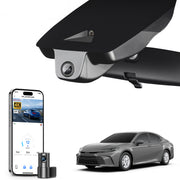 Mangoal 2 channel dash cam with STARVIS sensor, features smartphone app control, front 4K UHD and rear Full HD recording, GPS tracking, and Toyota Camry in the background.
