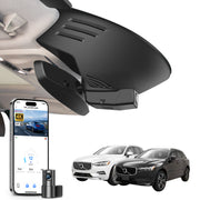 Mangoal 2 channel dash cam with STARVIS sensor, features smartphone app control, front 4K UHD and rear Full HD recording, GPS tracking, and Volvo XC60 in the background.