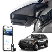 2 channel dash cam with dual STARVIS 2, features smartphone app control, 4K Ultra HD recording, GPS tracking, and Jeep Cherokee models in the background.