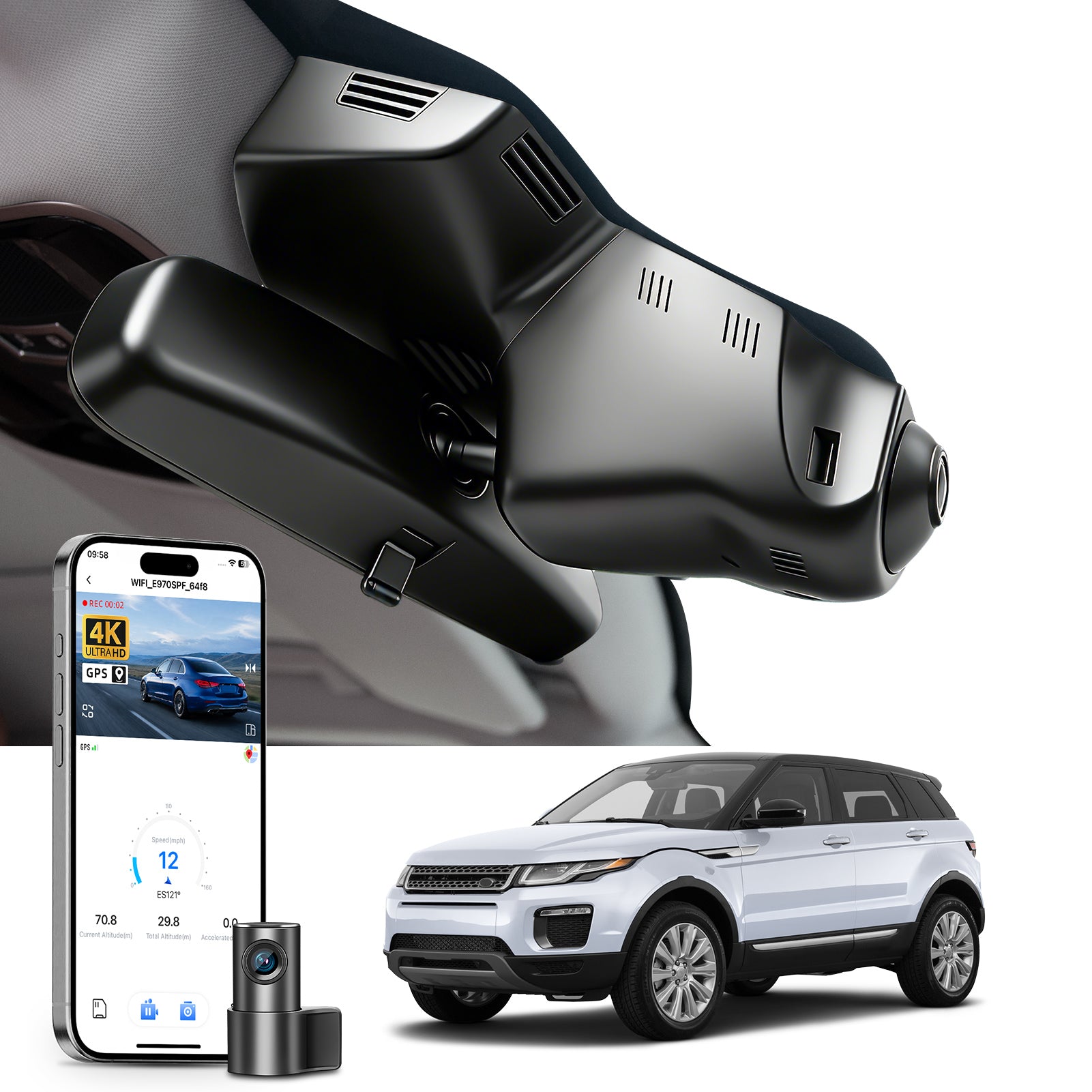 2 channel dash cam with dual STARVIS 2, features smartphone app control, 4K Ultra HD recording, GPS tracking, and Land Rover Range Rover Evoque models in the background. 