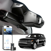 2 channel dash cam with dual STARVIS 2, features smartphone app control, 4K Ultra HD recording, GPS tracking and Land Rover Range Rover & Range Rover Sport models in the background. 