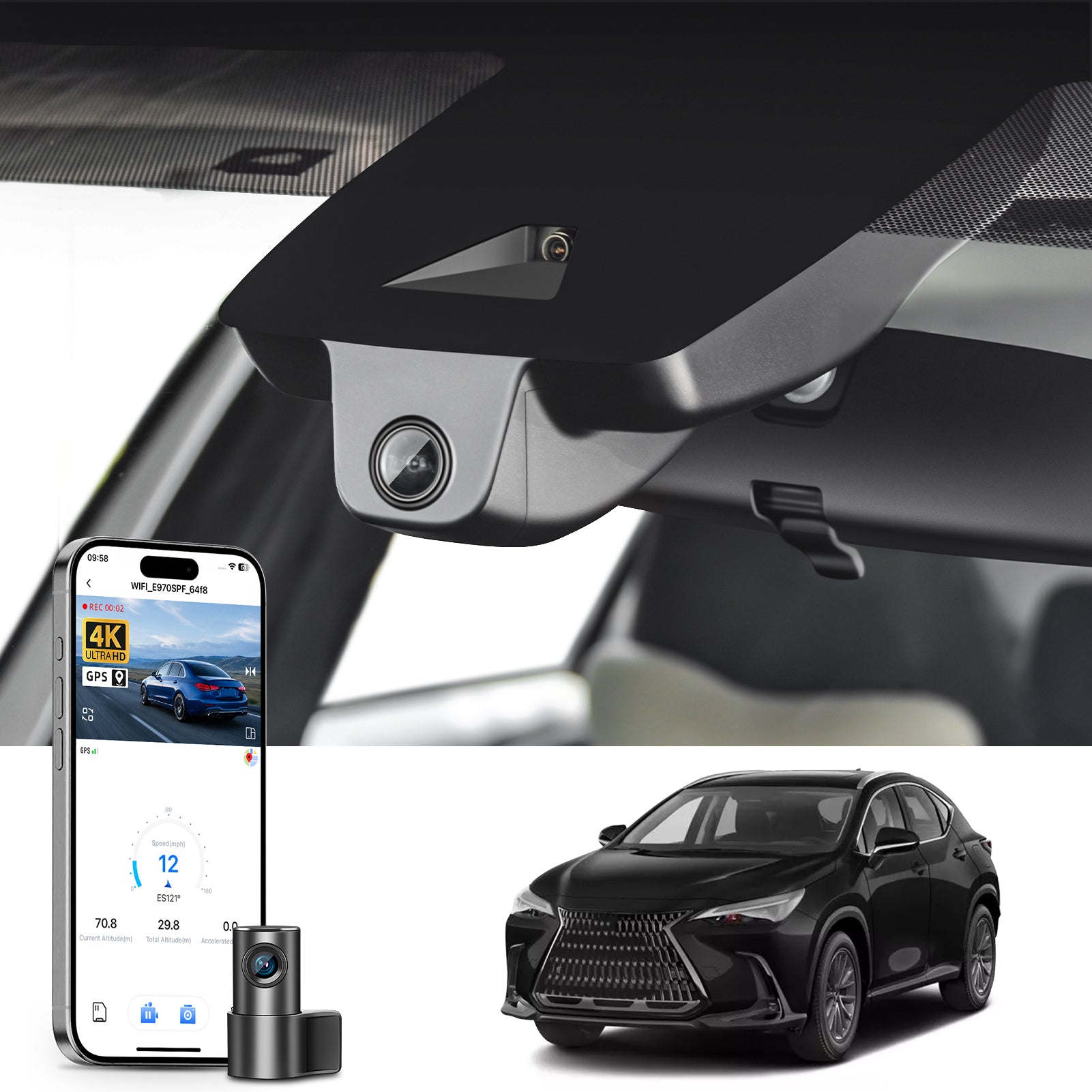 2 channel dash cam with dual STARVIS 2, features smartphone app control, 4K Ultra HD recording, GPS tracking, and Lexus NX models in the background.