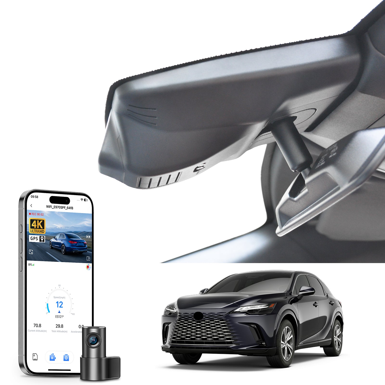 2 channel dash cam with dual STARVIS 2, features smartphone app control, 4K Ultra HD recording, GPS tracking, and Lexus RX models in the background.
