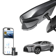 2 channel dash cam with dual STARVIS 2, features smartphone app control, 4K Ultra HD recording, GPS tracking, and Lexus UX models in the background.