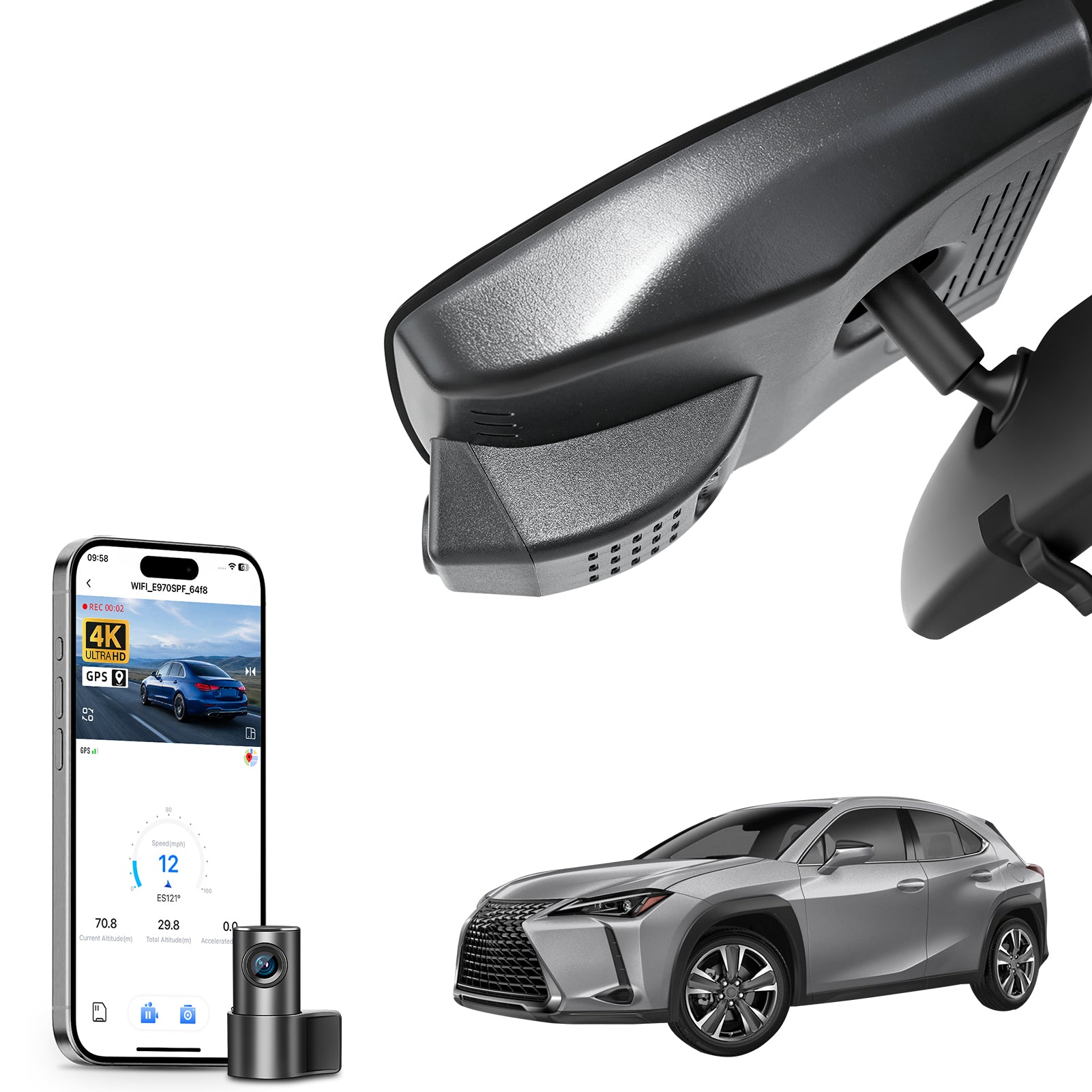 2 channel dash cam with dual STARVIS 2, features smartphone app control, 4K Ultra HD recording, GPS tracking, and Lexus UX models in the background.