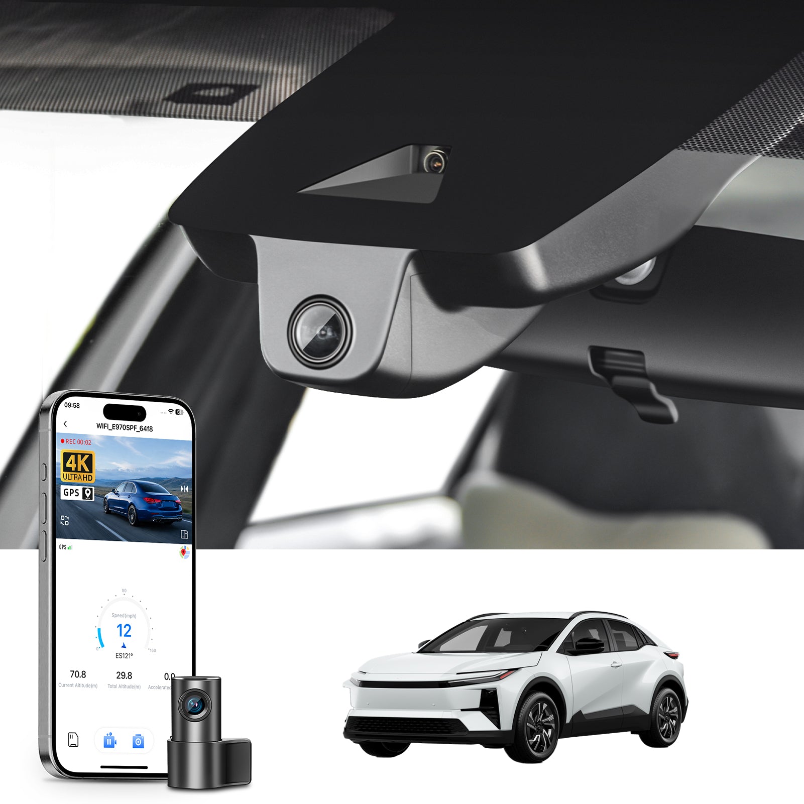 2 channel dash cam with dual STARVIS 2, features smartphone app control, 4K Ultra HD recording, GPS tracking, and Toyota C-HR models in the background.