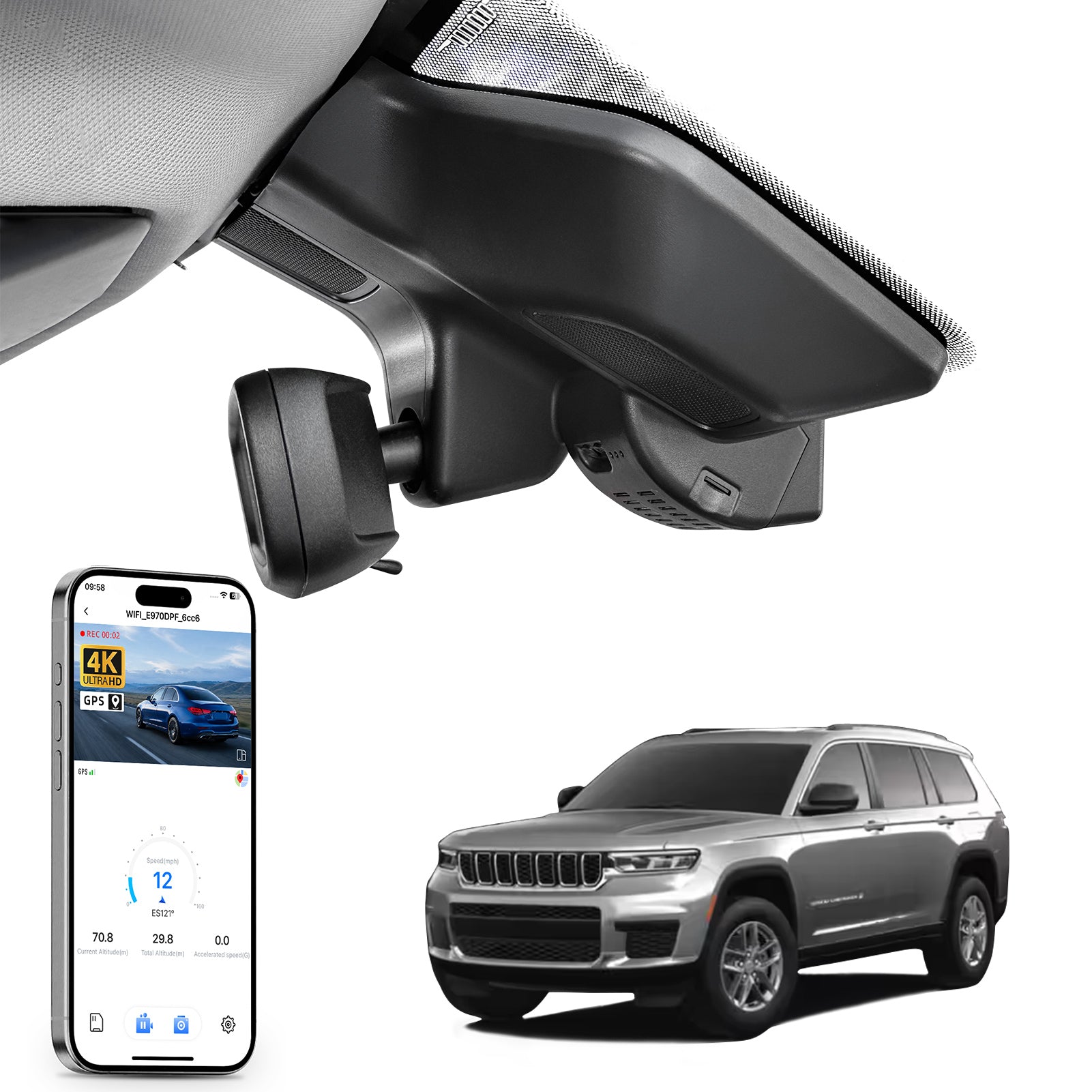 Car rearview mirror built-in dash cam with smartphone app control, 4K Ultra HD recording, GPS tracking and Jeep Cherokee models in the background.