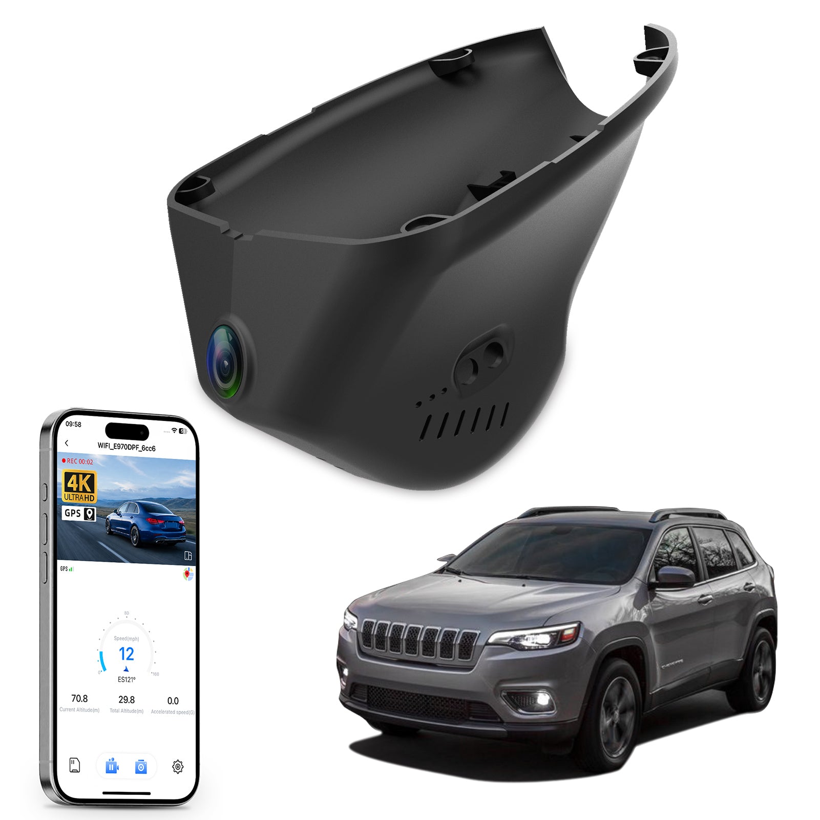 Car rearview mirror built-in dash cam with smartphone app control, 4K Ultra HD recording, GPS tracking and Jeep Cherokee models in the background.