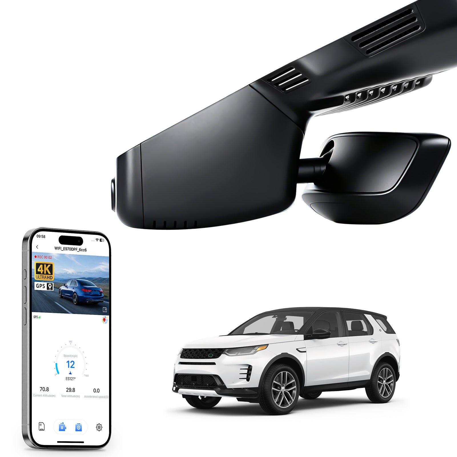 Car rearview mirror built-in dash cam with smartphone app control, 4K Ultra HD recording, GPS tracking and Land Rover Discovery Sport models in the background.