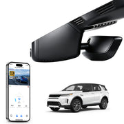 Car rearview mirror built-in dash cam with smartphone app control, 4K Ultra HD recording, GPS tracking and Land Rover Discovery Sport models in the background.