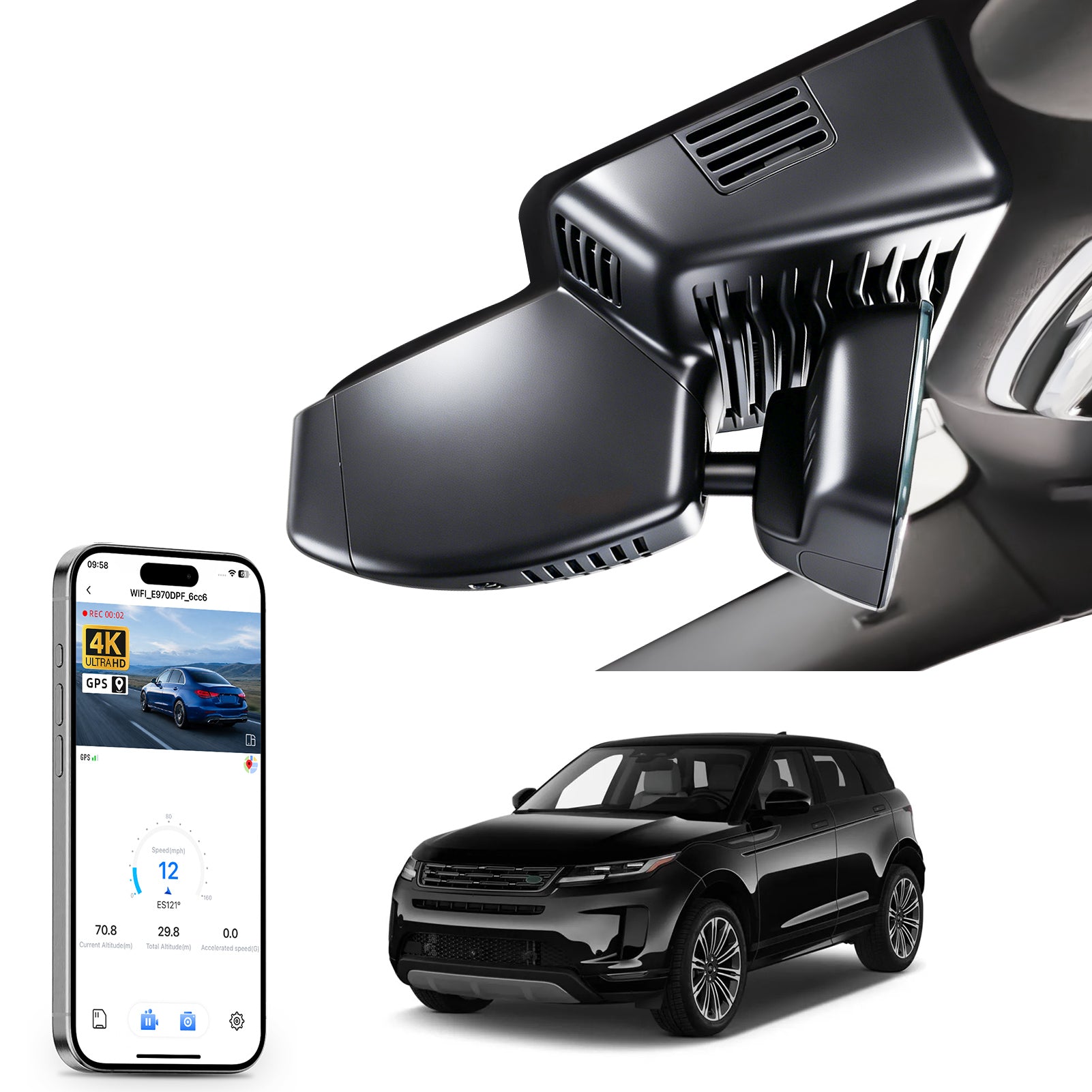 Car rearview mirror built-in dash cam with smartphone app control, 4K Ultra HD recording, GPS tracking and Land Rover Range Rover Evoque models in the background.