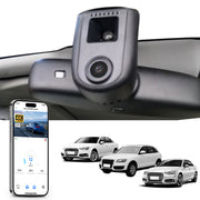 Mangoal rearview mirror built-in dash cam with smartphone app control, 4K Ultra HD recording, GPS tracking, and Audi Black models in the background.