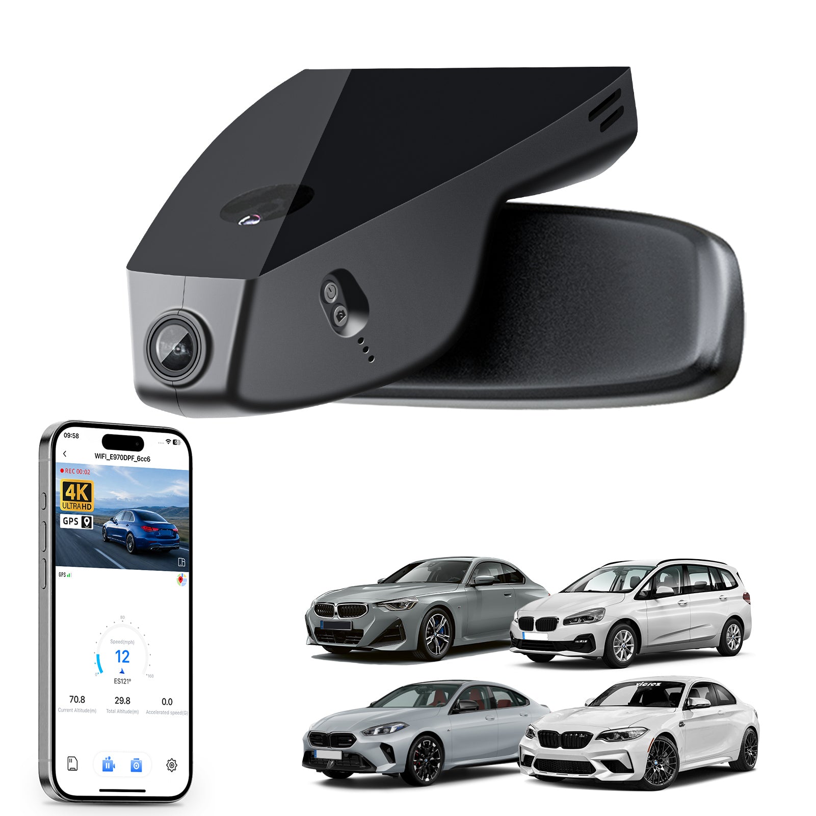 Mangoal rearview mirror built-in dash cam with smartphone app control, 4K Ultra HD recording, GPS tracking, and BMW 2 Series M2 models in the background.