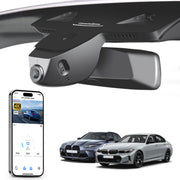 Mangoal rearview mirror built-in dash cam with smartphone app control, 4K Ultra HD recording, GPS tracking, and BMW 3 Series Gen7 models in the background.