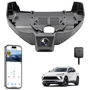 Mangoal rearview mirror built-in dash cam with smartphone app control, 4K Ultra HD recording, GPS tracking, and Buick Envision models in the background.