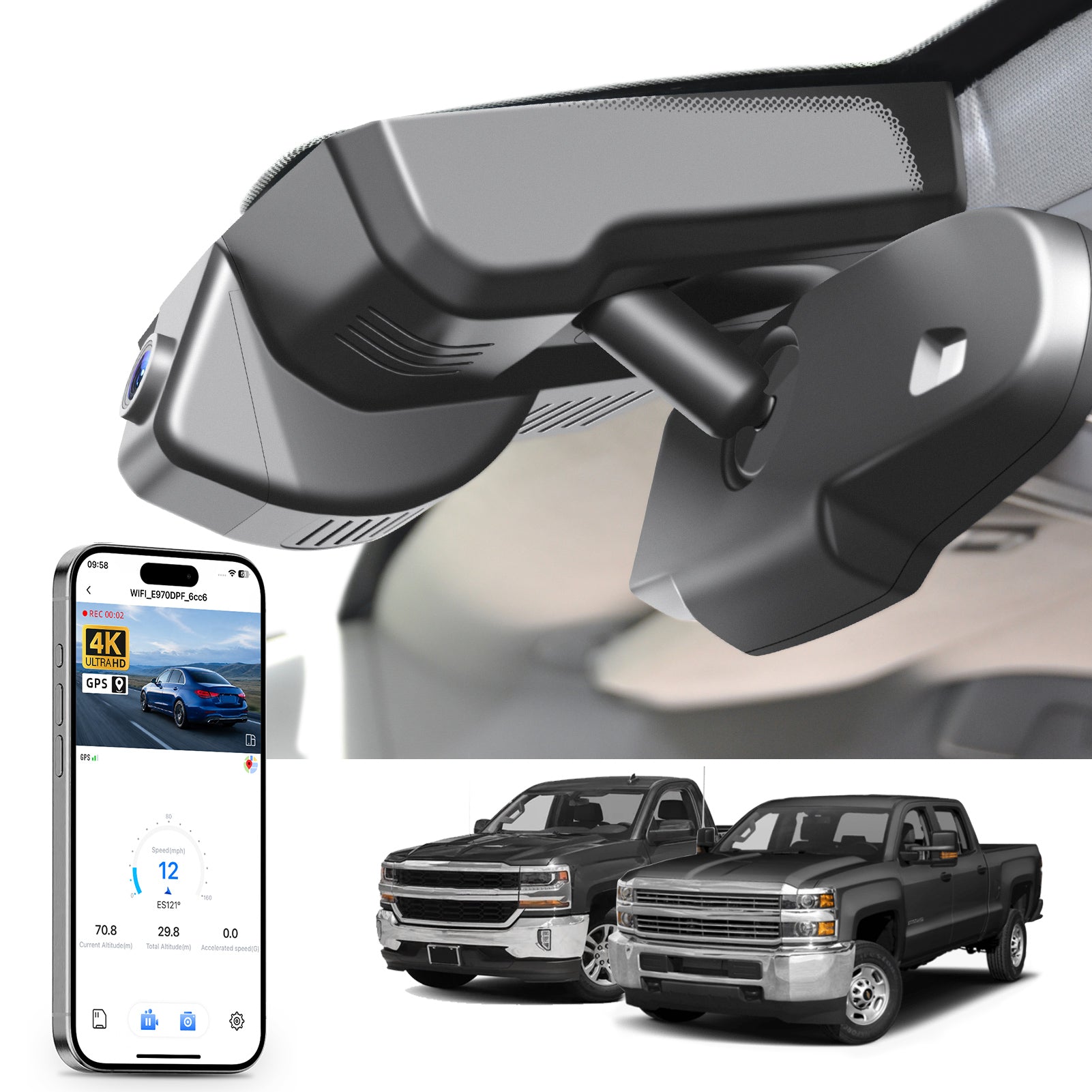 Mangoal rearview mirror built-in dash cam with smartphone app control, 4K Ultra HD recording, GPS tracking, and Chevy Silverado models in the background.