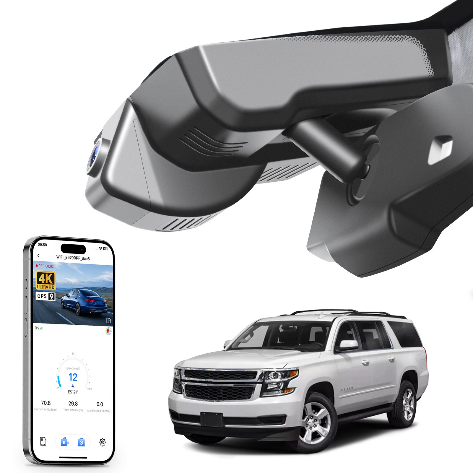 Mangoal rearview mirror built-in dash cam with smartphone app control, 4K Ultra HD recording, GPS tracking, and Chevy Suburban Tahoe models in the background