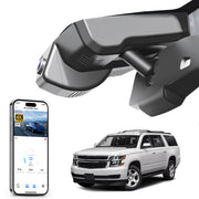 Mangoal rearview mirror built-in dash cam with smartphone app control, 4K Ultra HD recording, GPS tracking, and Chevy Suburban Tahoe models in the background