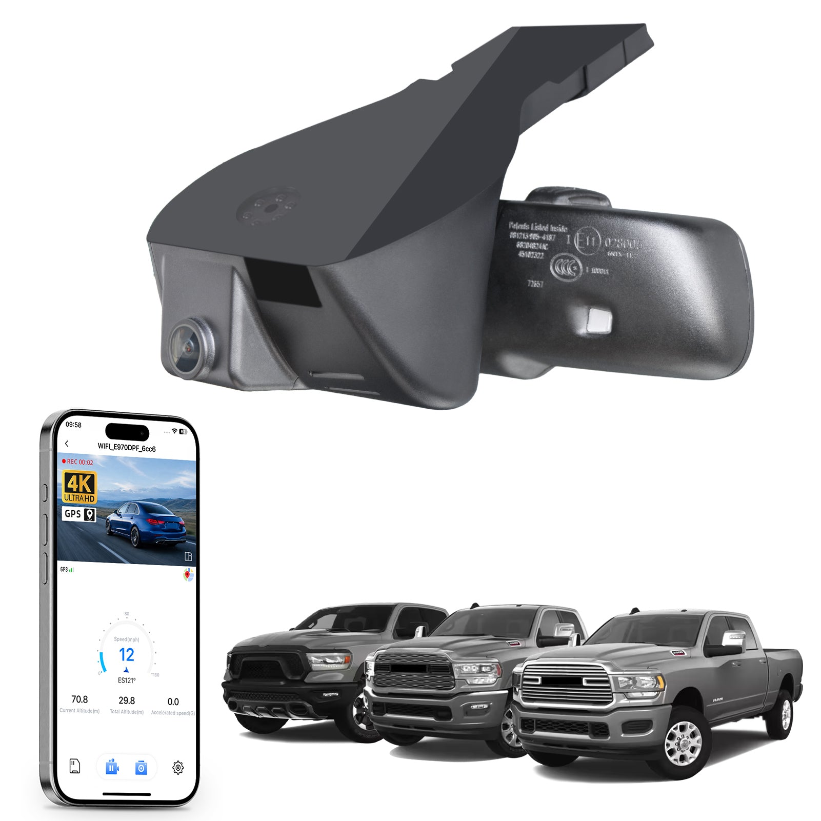 Mangoal rearview mirror built-in dash cam with smartphone app control, 4K Ultra HD recording, GPS tracking, and Dodge RAM models in the background.